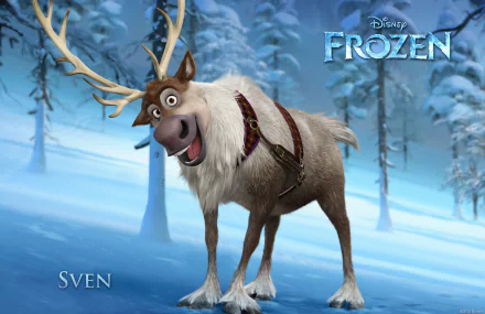 Sven, the lovable reindeer from Disney's Frozen, stands happily in a snowy landscape, showcasing the magical charm of the movie. This vibrant HD wallpaper captures his playful spirit.