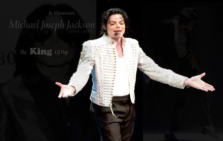 A vibrant HD wallpaper featuring Michael Jackson, the King of Pop, performing in a striking outfit, celebrating his legacy in music and dance.