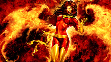 A striking comic-inspired image of a female superhero in red and gold, surrounded by flames, serves as a vibrant X-Men HD desktop wallpaper and background.