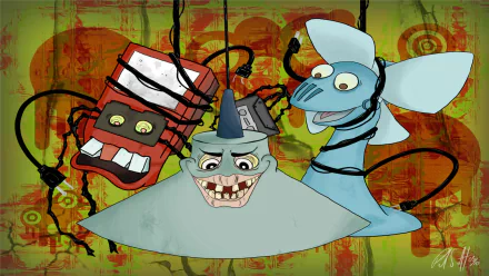 HD desktop wallpaper featuring animated characters from the movie The Brave Little Toaster, showcasing a red toaster, a blue fan, and a smiling triangular appliance against an abstract background.