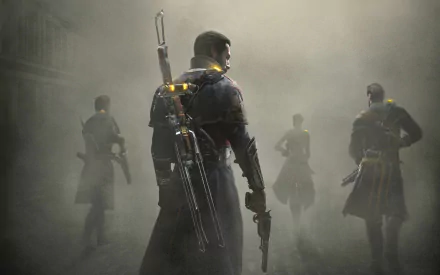 HD PC desktop wallpaper featuring characters from the video game The Order: 1886 in a foggy, atmospheric setting with guns and period attire.