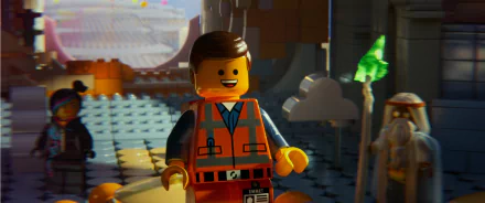 HD desktop wallpaper featuring Emmet, Wyldstyle, and Vitruvius from The LEGO Movie in a vibrant, detailed LEGO movie scene.