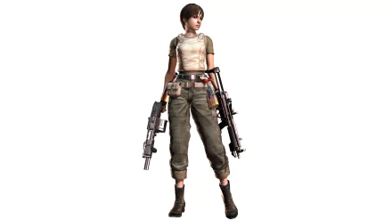 HD PC desktop wallpaper of Rebecca Chambers from the video game Resident Evil 5, featuring her in tactical gear holding two firearms against a white background.