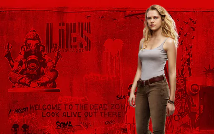 Teresa Palmer stars in Warm Bodies, featured in this HD wallpaper. The backdrop showcases a gritty, red-toned urban scene with striking graffiti elements.