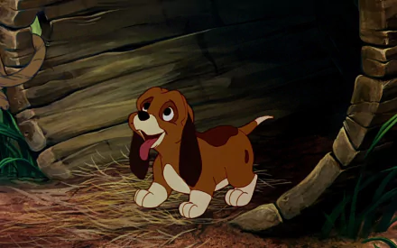 HD desktop wallpaper featuring a young copper-colored hound puppy from the movie The Fox and the Hound, standing near a wooden structure in a forest setting.
