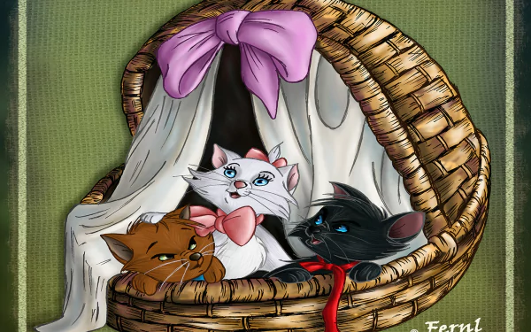 HD desktop wallpaper from the movie The Aristocats featuring three animated kittens resting in a woven basket with a pink bow and cloth draped over the edge.