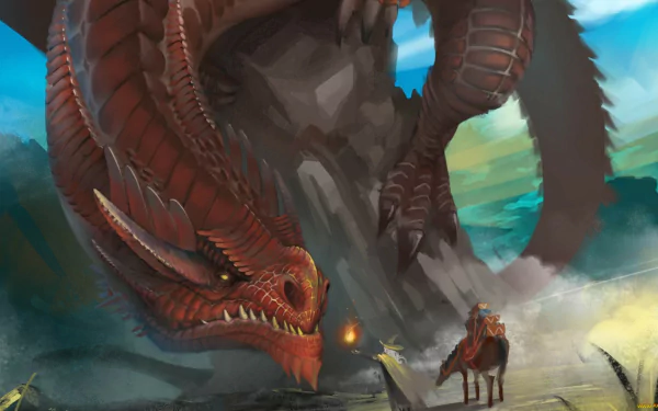 A detailed fantasy HD desktop wallpaper featuring a massive red dragon towering over a fiery warrior on horseback in a misty, mountainous landscape.