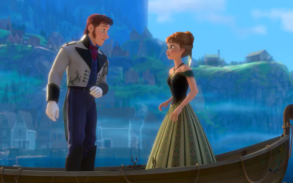 A vibrant HD wallpaper featuring Hans and Anna from the movie Frozen, capturing a moment between the characters against a scenic backdrop.