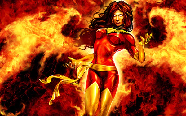 A striking comic-inspired image of a female superhero in red and gold, surrounded by flames, serves as a vibrant X-Men HD desktop wallpaper and background.