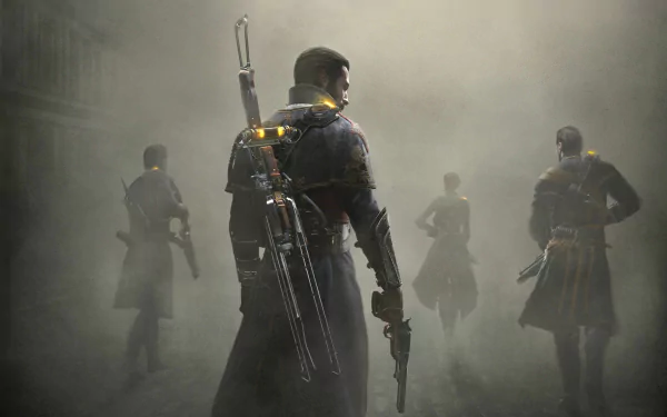 HD PC desktop wallpaper featuring characters from the video game The Order: 1886 in a foggy, atmospheric setting with guns and period attire.