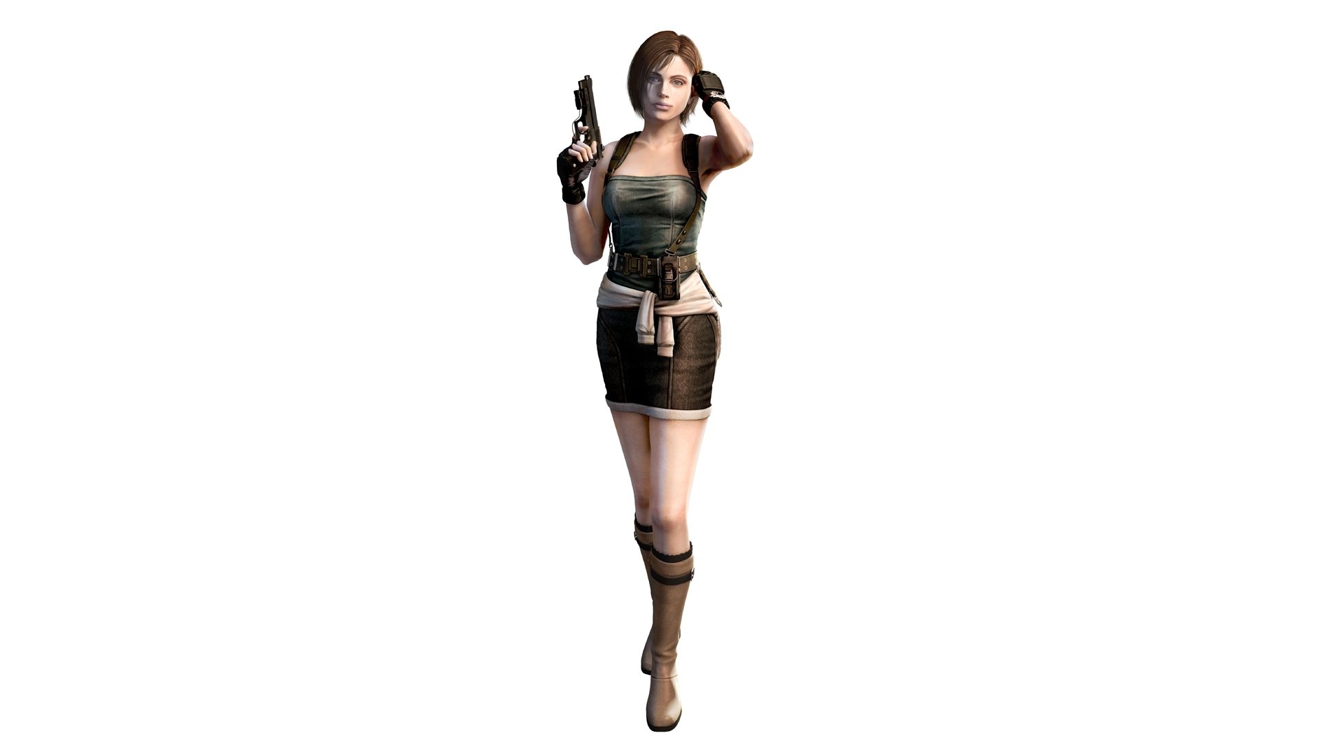 HD PC desktop wallpaper featuring a character from the Resident Evil video game, holding a handgun and dressed in tactical gear.