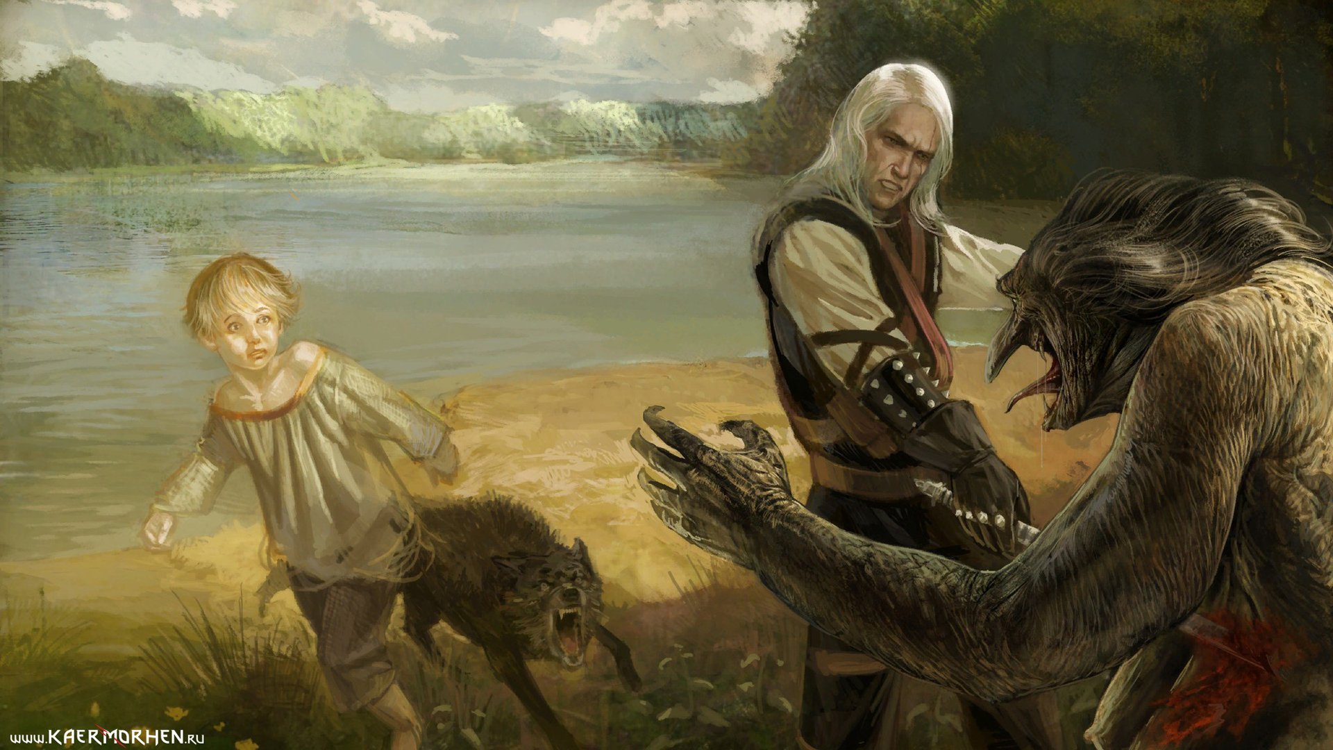 HD PC desktop wallpaper of The Witcher video game: a white-haired witcher battles a werewolf at a lakeshore while a child and a wolf watch.