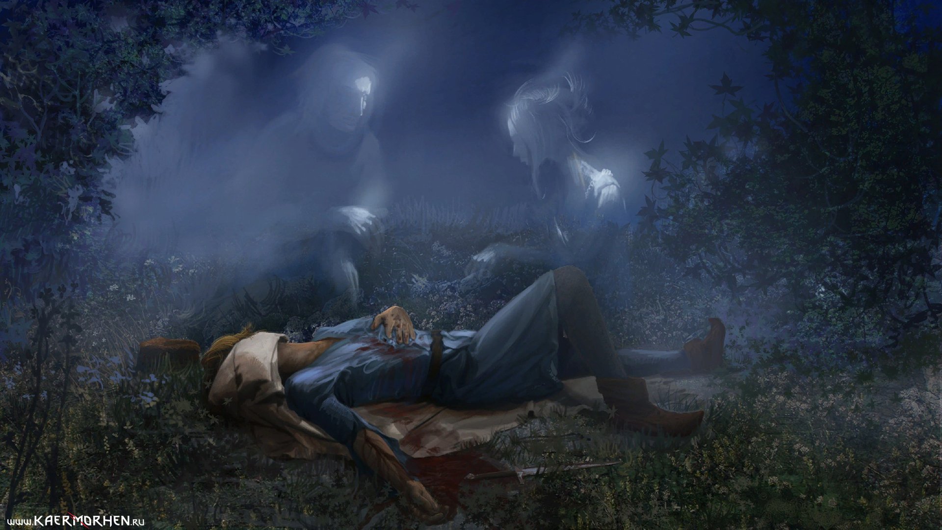 HD PC desktop wallpaper from The Witcher video game: a lone witcher lies on a moonlit forest floor, cloak and sword beside him, ghostly wisps drifting overhead.