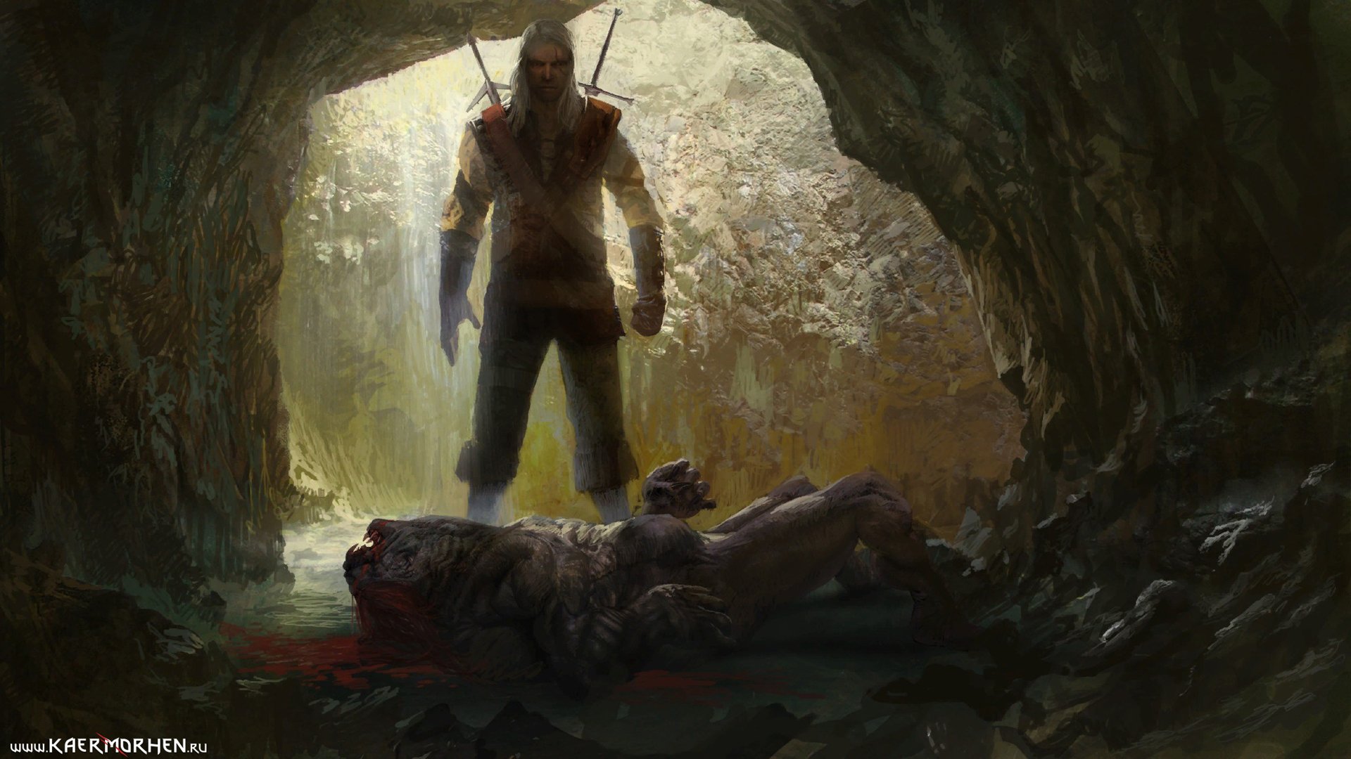 HD PC desktop wallpaper from The Witcher video game, showing a warrior standing in a cave with a fallen creature at his feet, illuminated by soft natural light.