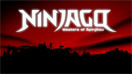 An HD desktop wallpaper featuring the logo of Lego Ninjago: Masters of Spinjitzu set against a striking red backdrop, showcasing the show's iconic theme.