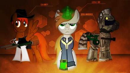 Vector HD PC desktop wallpaper — Fallout x My Little Pony (TV show) crossover: Steelhooves in power armor, Calamity and Little Pip in a vault jumpsuit against an orange apocalyptic backdrop.
