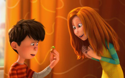 HD desktop wallpaper featuring Ted and Audrey from the movie The Lorax, with Ted holding a small green plant against a warm orange background.