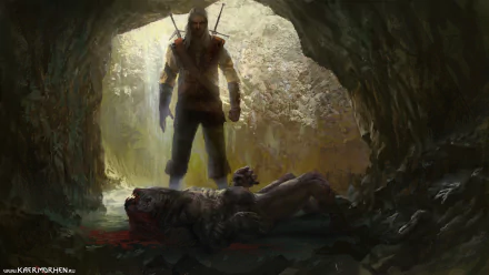 HD PC desktop wallpaper from The Witcher video game, showing a warrior standing in a cave with a fallen creature at his feet, illuminated by soft natural light.