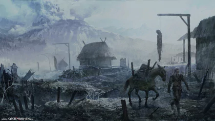 HD PC desktop wallpaper from the video game The Witcher, depicting a dark, misty village scene with hanging bodies, a horse, and a lone figure walking through a desolate landscape.