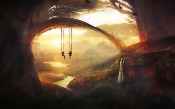 Fantasie Landschap Waterval Swing Kind Bos HD Wallpaper | Achtergrond