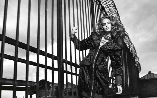 Black and white HD desktop wallpaper featuring American model and celebrity Emily Didonato posing confidently against an urban metal fence backdrop.