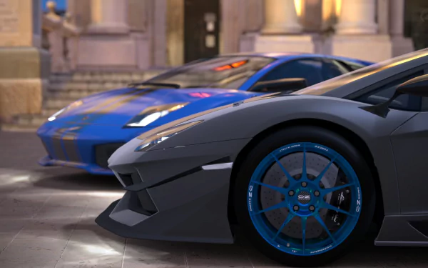 HD PC desktop wallpaper featuring detailed sports cars from the video game Gran Turismo 6, showcasing sleek design and vibrant colors in an urban setting.