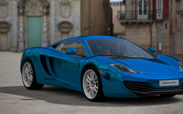 Sleek blue supercar rendered in Gran Turismo 6 (gran turismt6), 4K Ultra HD video game PC desktop wallpaper/background, parked on a sunlit historic plaza with glossy reflective paint.