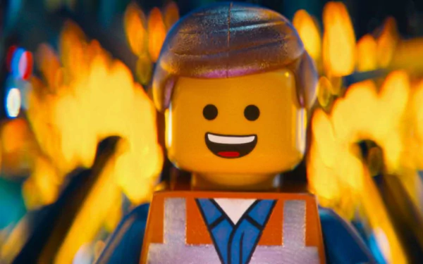 HD PC wallpaper featuring Emmet from The Lego Movie, showcasing the iconic Lego character with a vibrant fiery background.