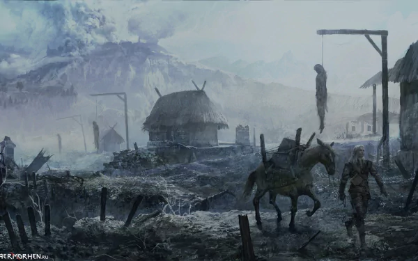 HD PC desktop wallpaper from the video game The Witcher, depicting a dark, misty village scene with hanging bodies, a horse, and a lone figure walking through a desolate landscape.