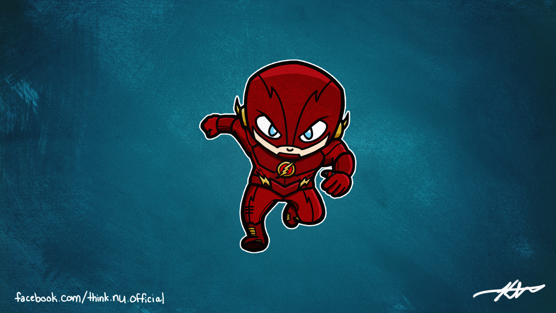 HD comic-style desktop wallpaper featuring a chibi Flash character in full red suit running against a textured blue background.