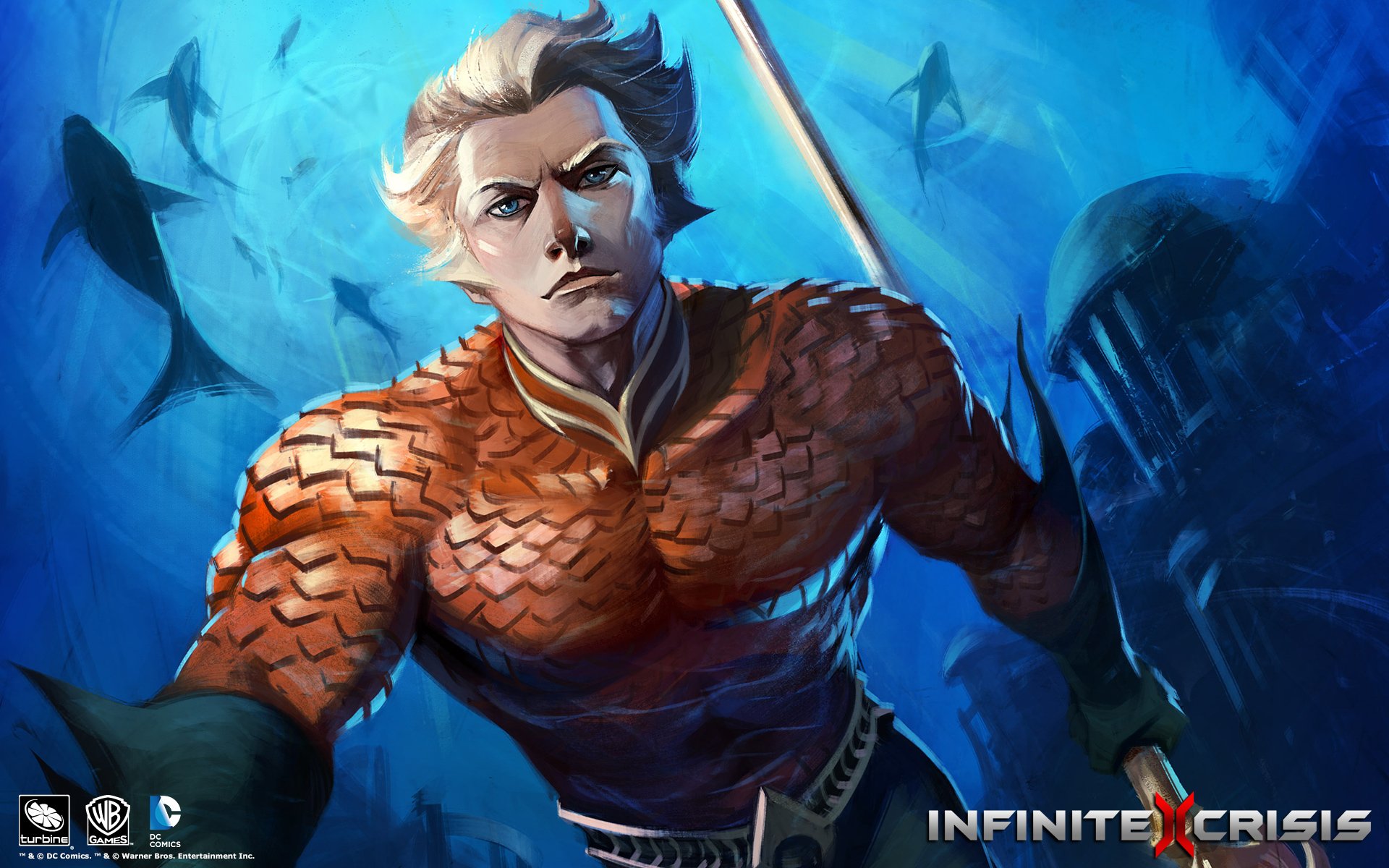HD PC desktop wallpaper featuring Aquaman from the Infinite Crisis video game, depicted underwater with sharks surrounding him.