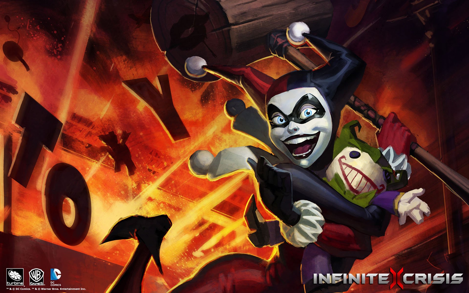 HD PC desktop wallpaper and background featuring Harley Quinn from the Infinite Crisis video game, grinning with a giant mallet and Joker doll amid fiery explosions.