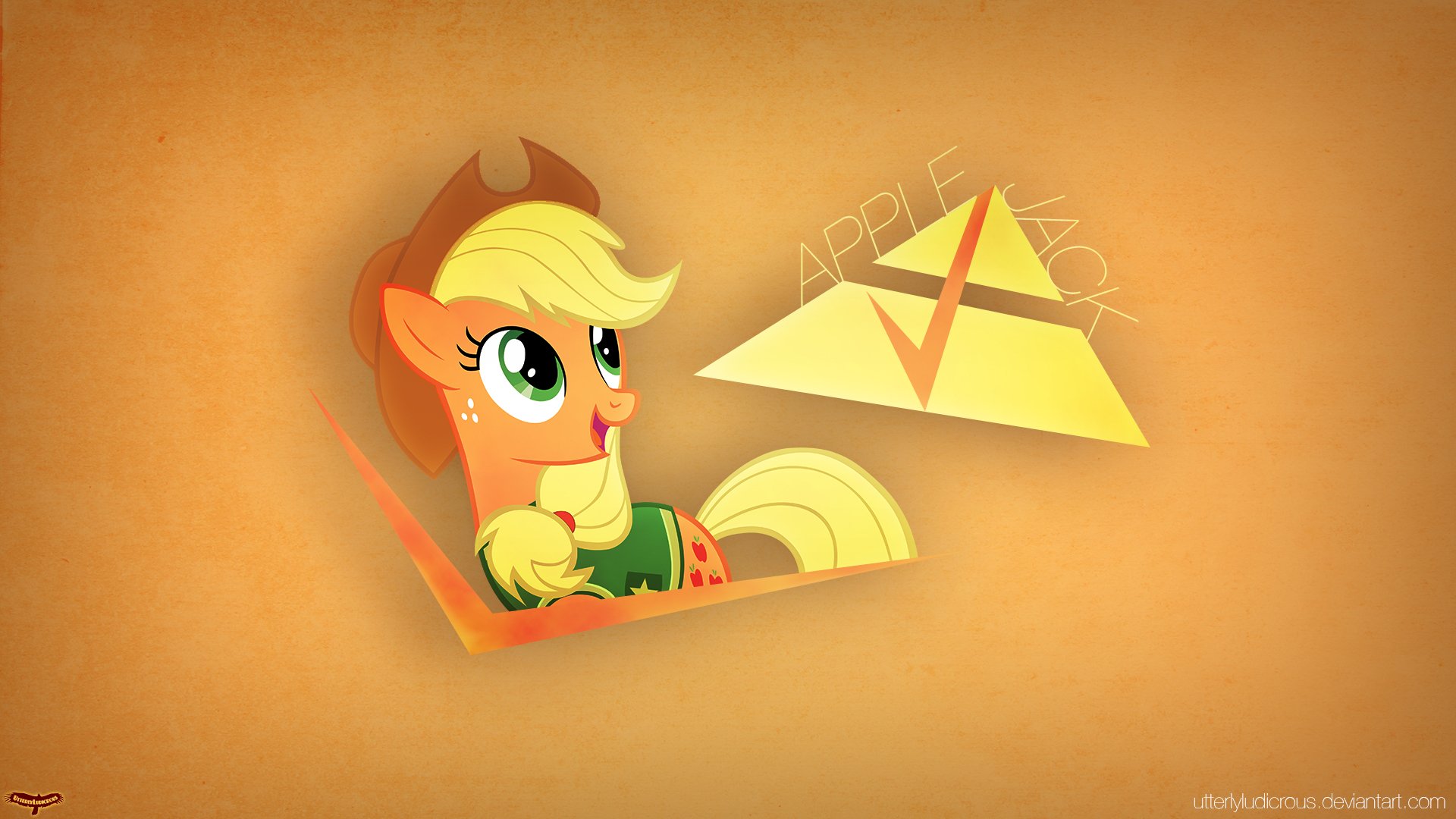 A vibrant vector illustration of Applejack from My Little Pony: Friendship Is Magic, featuring her cheerful expression and a geometric background, suitable as a PC desktop wallpaper.