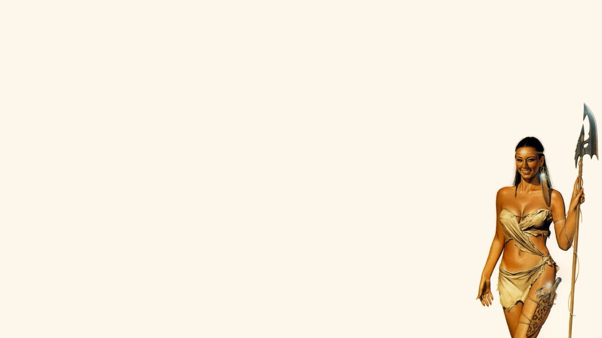 HD PC desktop wallpaper — fantasy woman warrior in braided hair and leather armor stands at the right against a wide pale background.