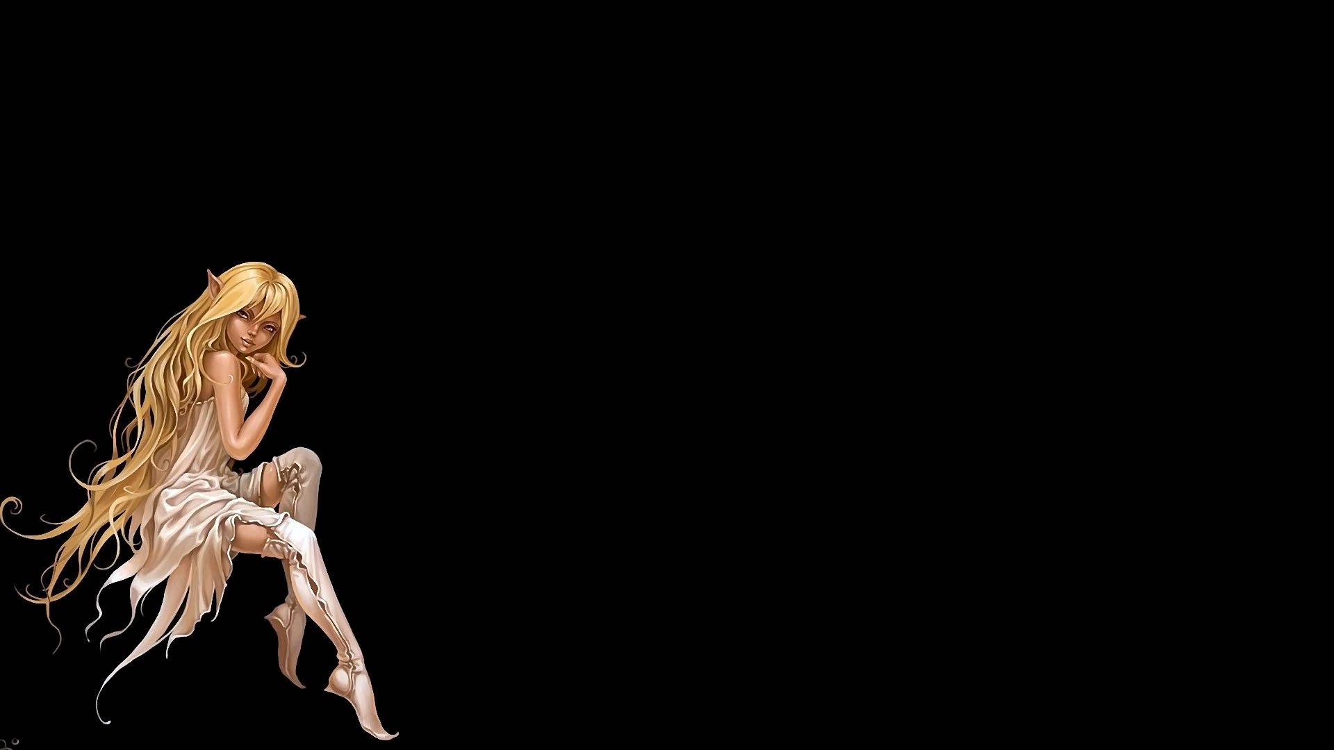 HD fantasy desktop wallpaper featuring a delicate blonde elf with flowing hair, seated gracefully against a stark black background.
