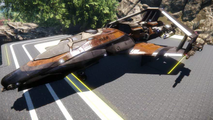 4K Ultra HD Star Citizen spaceship rests on a landing pad surrounded by trees and rocks, showcasing detailed textures and lighting in this PC desktop wallpaper.