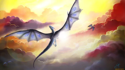 HD fantasy PC desktop wallpaper featuring a majestic dragon soaring through vibrant, glowing clouds at sunset.