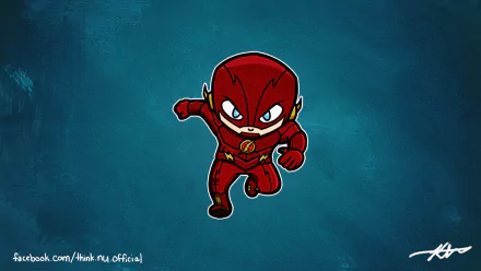 HD comic-style desktop wallpaper featuring a chibi Flash character in full red suit running against a textured blue background.