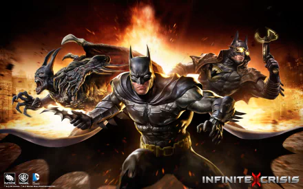 HD PC desktop wallpaper: Batman in armored suit lunges forward with allies and flaming city ruins behind — Infinite Crisis video game art.