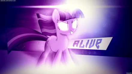 Vector-style HD desktop wallpaper of Twilight Sparkle from My Little Pony: Friendship Is Magic, glowing with intense purple light and the word ALIVE beside her.