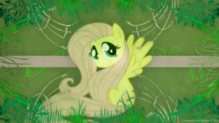 Vector HD wallpaper of Fluttershy from My Little Pony: Friendship Is Magic, featuring the gentle pony with long flowing hair in a lush green setting.