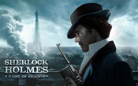 Sherlock Holmes stands poised with a gun, his dramatic profile set against a misty Paris skyline featuring the Eiffel Tower, promoting the film Sherlock Holmes: A Game of Shadows.