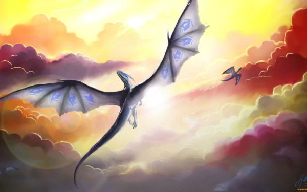 HD fantasy PC desktop wallpaper featuring a majestic dragon soaring through vibrant, glowing clouds at sunset.