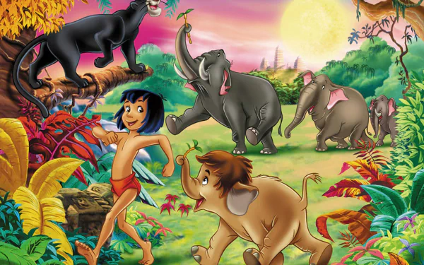 Colorful HD desktop wallpaper from the 1967 movie The Jungle Book, featuring characters like Mowgli, Bagheera, and jungle animals in a vibrant, lush setting.