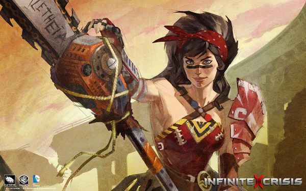 HD PC desktop wallpaper from the video game Infinite Crisis: stylized female warrior with red bandana and armored arm wielding a massive chainsaw-like weapon against a ruined city backdrop.