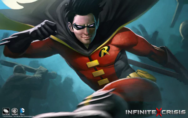 HD PC desktop wallpaper featuring Tim Drake as Robin from the DC Comics video game Infinite Crisis in dynamic action pose.