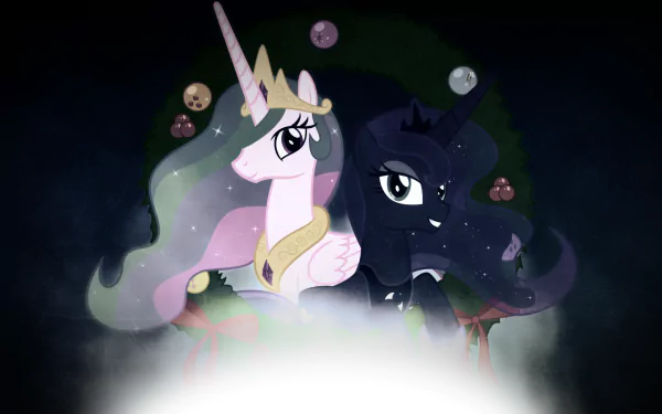 Vector HD desktop wallpaper featuring Princess Celestia and Princess Luna from the TV show My Little Pony: Friendship Is Magic against a dark, starry background.