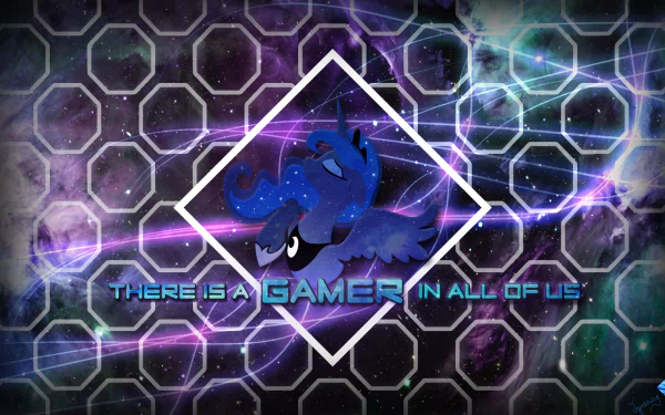 HD vector wallpaper featuring Princess Luna from My Little Pony: Friendship Is Magic, set against a cosmic hexagonal background with the phrase There is a gamer in all of us.