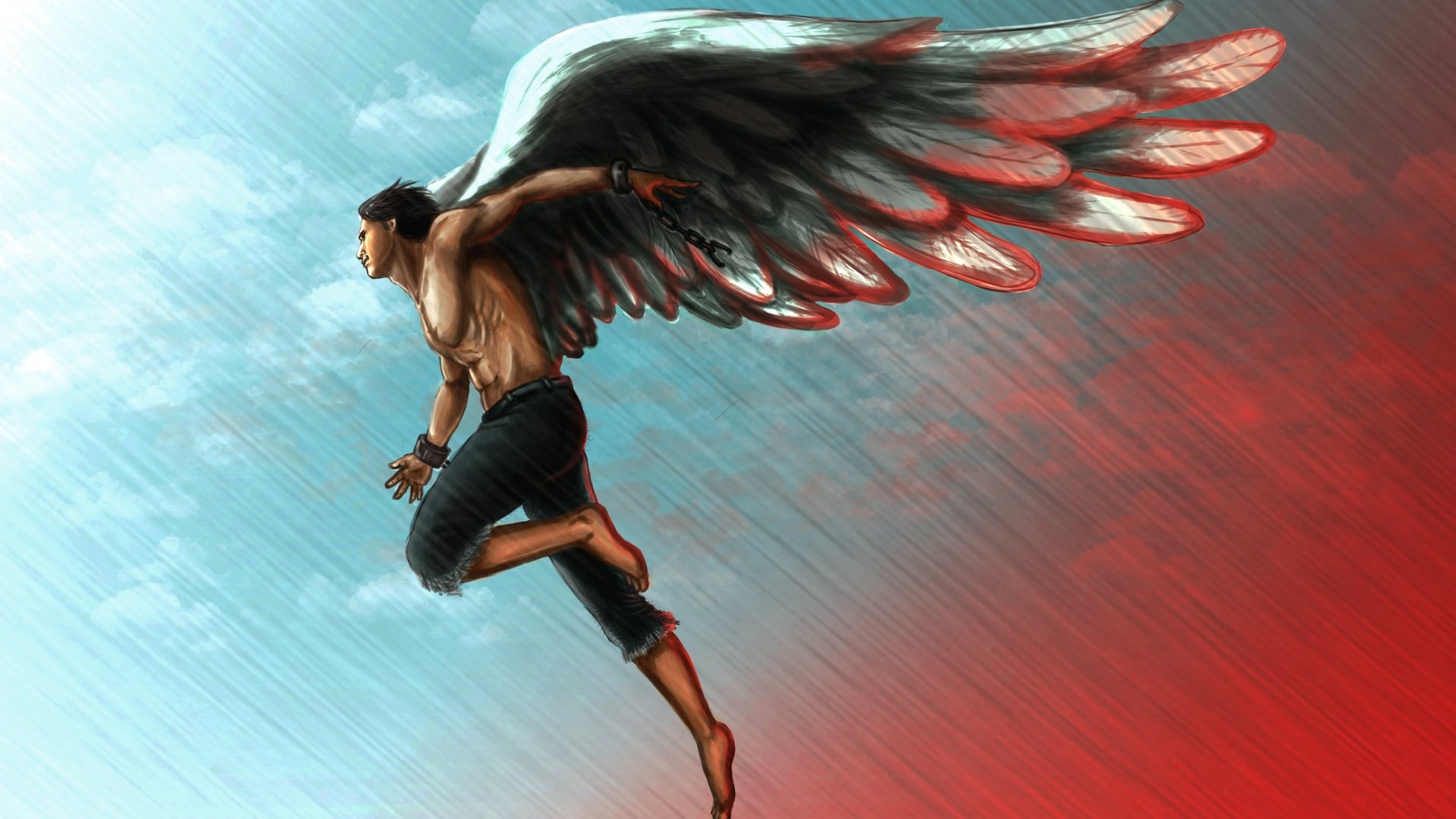 HD PC desktop wallpaper depicting a fantasy angel with large black wings, flying against a dynamic blue and red gradient background.