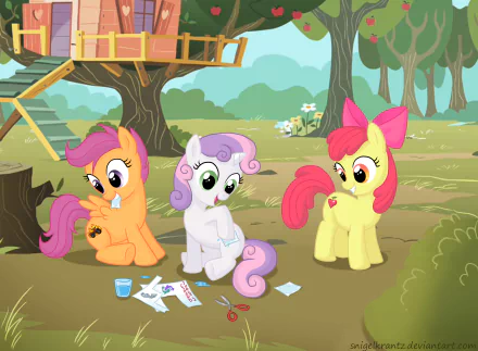HD desktop wallpaper featuring Scootaloo, Sweetie Belle, and Apple Bloom from the TV show My Little Pony: Friendship Is Magic in a playful outdoor setting.